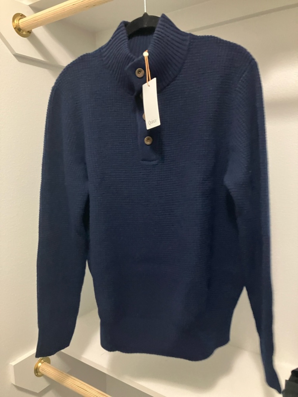 Quince NWT, Mongolian cashmere waffle quarter button sweater, true navy medium